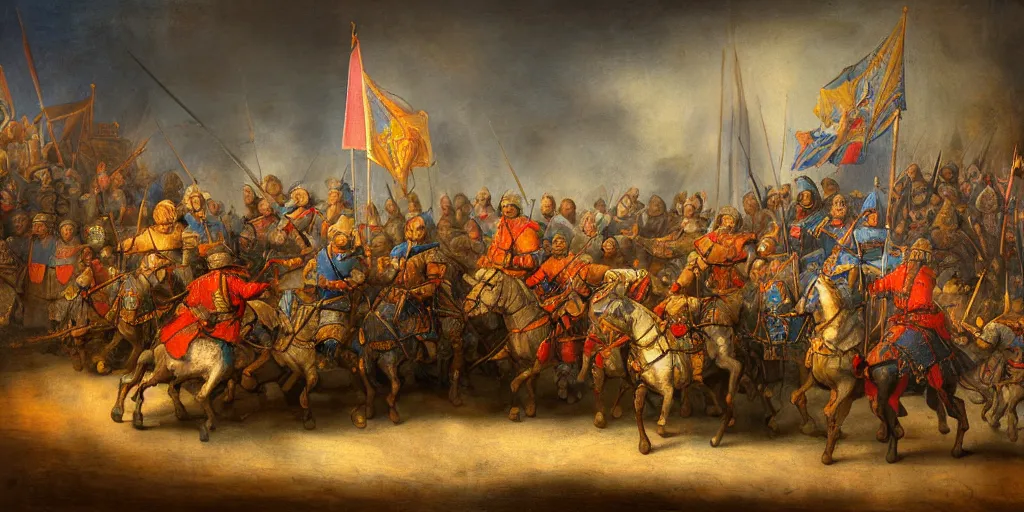 Prompt: rembrandt style painting of medieval knights jousting, grand castle tournament grounds, colorful knight tents setup with unique sigils and banners