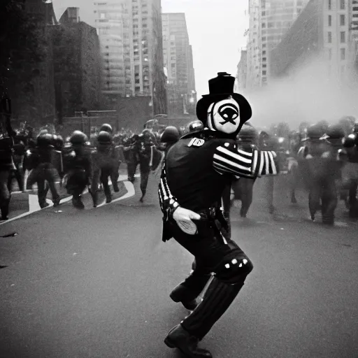 Prompt: a riot cop beating a clown, leica m 9, voigtlander 3 5 mm, 1 9 6 0 s