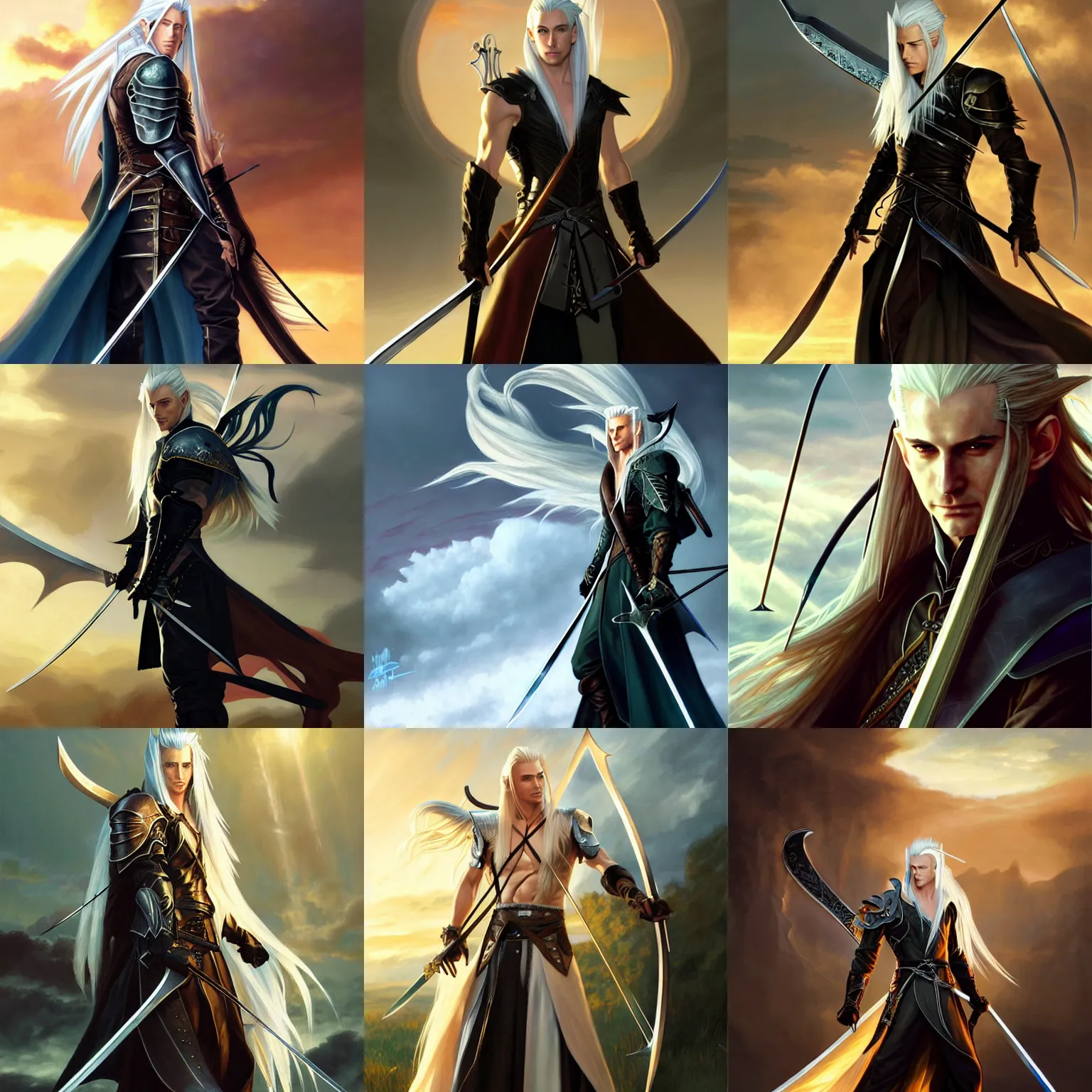 Prompt: Sephiroth as Legolas, (golden hour), concept art, final fantasy, d&d, detailed clothing, art station, oil painting, art by artgerm and greg rutkowski and alphonse mucha