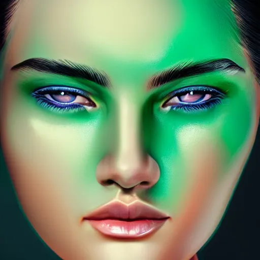 Image similar to photorealistic portrait of beautiful toxic girl, black hair, blue eyes, smooth face, perfect eyes, half body shot, elegant, realistic, glowing skin, detailed face, green colours, sharp focus