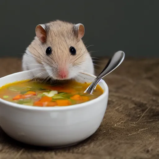 Image similar to detailed photo of a hamster eating soup, various poses, full body, daylight, 8 k