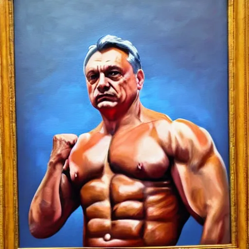 Image similar to viktor orban flexing a biceps, oil painting