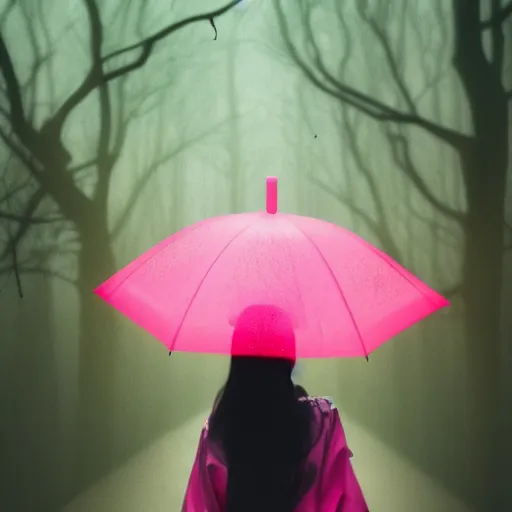 Image similar to photo of kitsune, very detailed, neon, pink, japan, forest, rain, umbrella, ultra, fashion