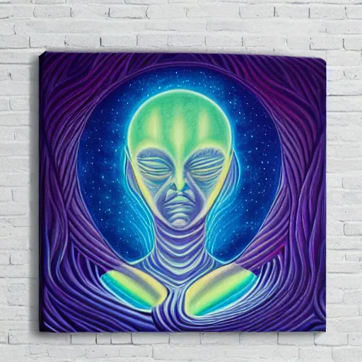 Image similar to painting of a tranquil alien made of galaxy and space meditating in dense forest by alex grey, acrylic art, ethereal, soothing, somber, elegant, warm light, cozy