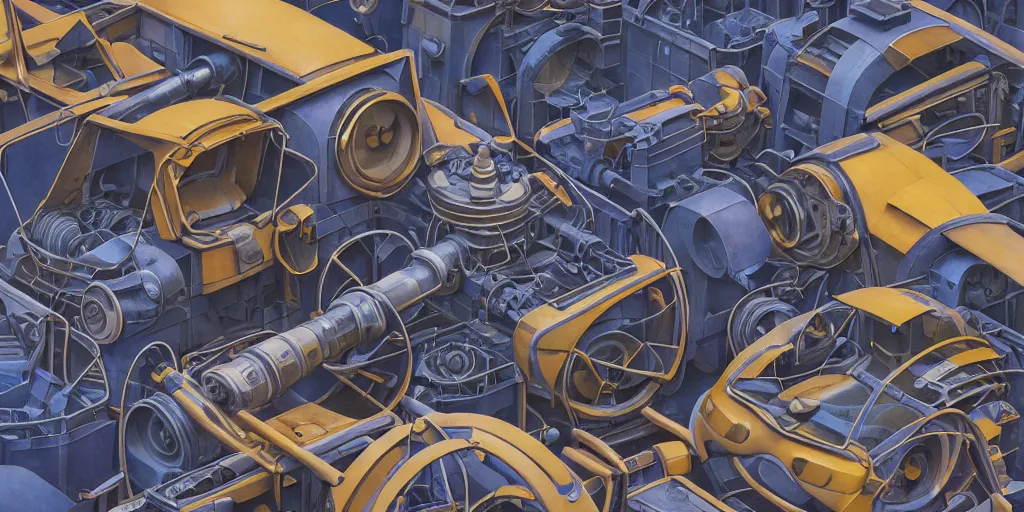 Image similar to collection of exploration of form and shapes, moebius, engine, props, hard surface, panel, simon stalenhag, kitbash, items, gadget, big medium small, close up, vehicles, futuristic, parts, machinery, greebles, insanely detailed, case, hardware, golden ratio, wes anderson color scheme, in watercolor gouache detailed paintings, sleek design, clear