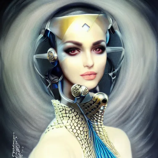 Image similar to a beautiful arabian woman wearing a futuristic dress by alexander mcqueen, thom browne, karol bak, ayami kojima, artgerm, arabian beauty, blue eyes, smile, concept art, fantasy