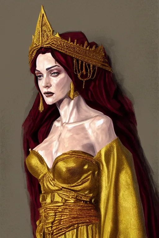 Image similar to Portrait of historically accurate, ancient biblical, sultry, sneering, evil, pagan, wicked, queen jezebel, wearing gilded robes, long hair, intricate, elegant, highly detailed, masterpiece, illustration, art by Andrew Loomis, highly detailed, trending on artstation, award winning