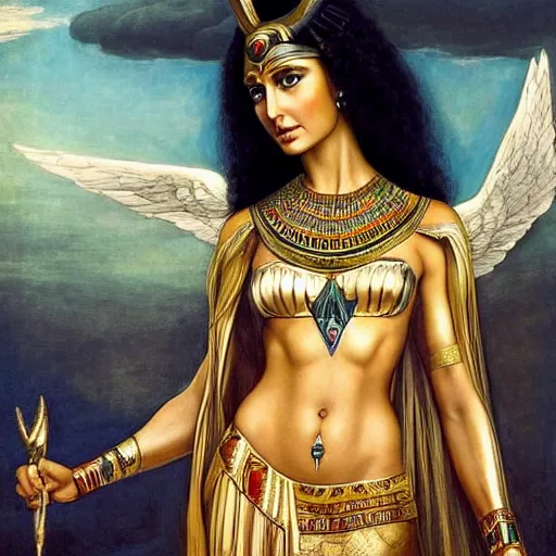 Prompt: Full body oil painting of the beautiful goddess Gal Gadot as Cleopatra, she is wearing egyptian clothes and a surreal jewelry, her hair is natural disheveled, she is approaching heaven over the clouds, Anubis is behind her, naturalism, dramatic lighting, high-detailed oil painting by Ilya Repin, Michelangelo da Caravaggio, William Blake, Alex Grey and Beksinski, trending on Artsation, hystorical painting, naturalism, masterpiece, 4k, 8k,