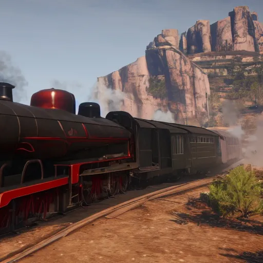 Image similar to futuristic sleek steam locomotive in red dead redemption 2