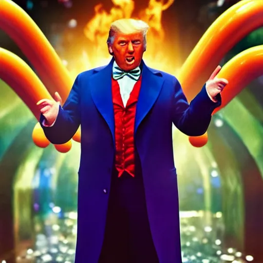 Image similar to portrait of donald trump as willy wonka in avengers movie, fantasy, splash art, avengers movie, movie still, detailed face, photorealistic facial features, cinematic lighting, dramatic, octane render, long lens, shallow depth of field, bokeh, anamorphic lens flare, 8 k, hyper detailed, 3 5 mm film grain