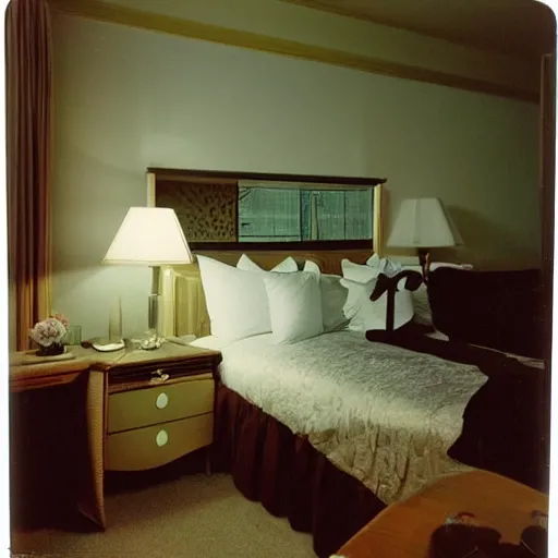 Prompt: a real - estate photograph of a 1 9 7 0's hotel room, a creepy translucent shadow - figure stands in the corner, shot on a disposable camera, finely detailed, hd =, tiltshifted, hype realistic - 4