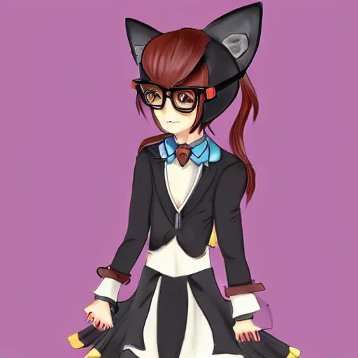 Prompt: a beautiful cute german guy with very long chestnut! hair, with glasses and short stubble! goatee, fake cat ears, cosplay of a catboy! maid! dress, cosplay of mewmew, digital painting, concept art, matte, artgerma