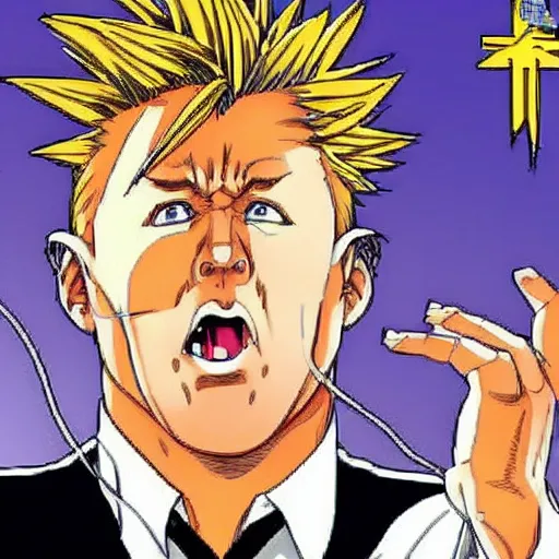 Prompt: Alex jones going super sayian by hirohiko araki and moebius