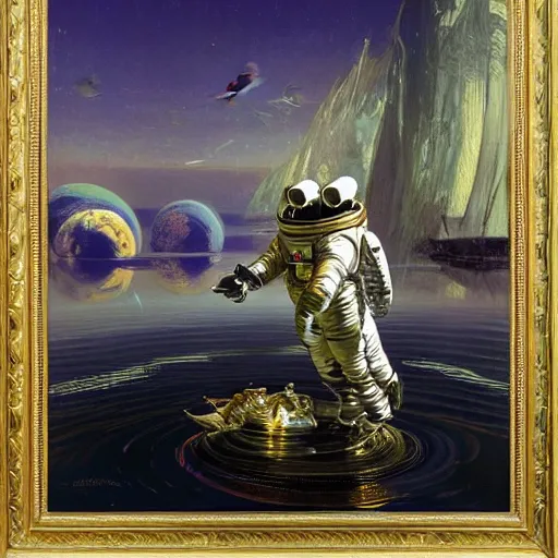 Prompt: painting of syd mead artlilery scifi organic shaped astronaut with ornate metal work lands on a pond with swans, fossil ornaments, volumetric lights, purple sun, andreas achenbach