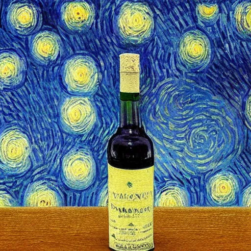 Image similar to a bottle on display filled by the sky painting by van gogh starry night, by van gogh