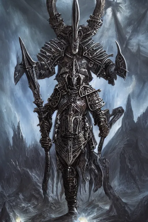 Image similar to full body concept art of templar knight wear baphomet armor made with porcelain by Jeff Easley and Peter Elson + beautiful eyes, beautiful face + symmetry face + galaxy + gothic, surreal, dread + highly detailed, intricate complexity, epic composition, magical atmosphere + masterpiece, award winning + trending on artstation