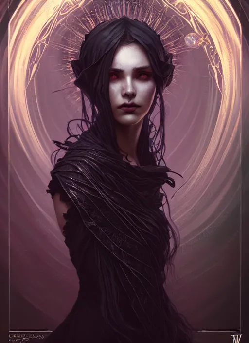 Image similar to Necromancer Sorceress, fantasy magic, undercut hairstyle, dark light night, intricate, elegant, sharp focus, illustration, highly detailed, digital painting, concept art, matte, art by WLOP and Artgerm and Greg Rutkowski and Alphonse Mucha, masterpiece