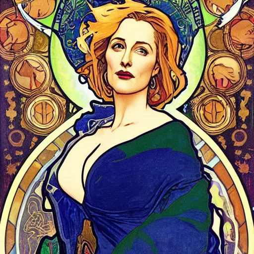 Image similar to gillian anderson portrait by louis - theophile hingre and alphonse mucha, realistic, sharp focus, zodiac signs, tarot cards, planets, ethereal, art nouveau, magic, moon, sun, crown, dreamy, royal, jewellery