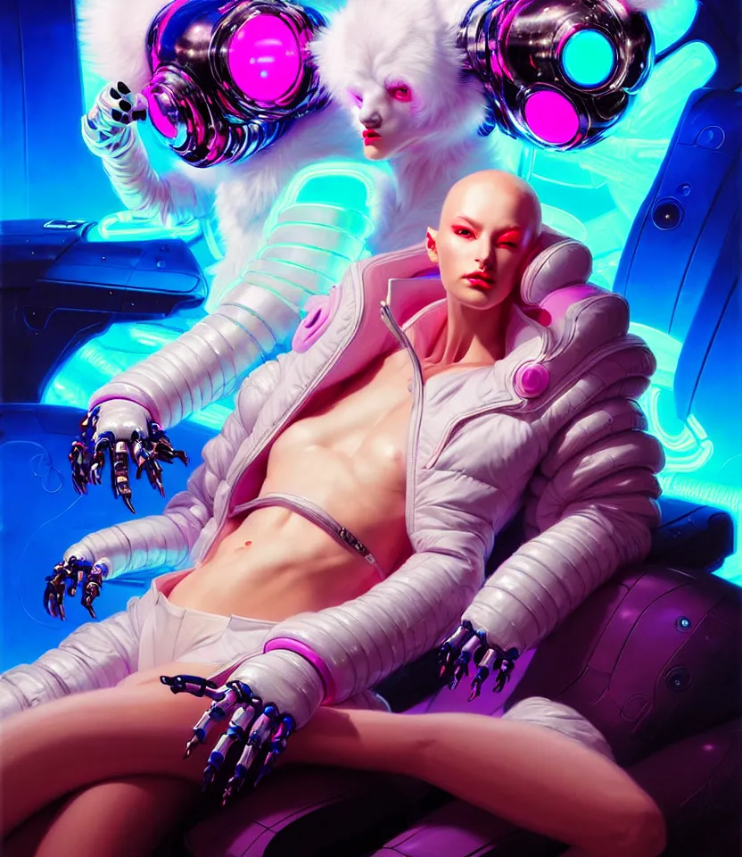 Image similar to beautiful fantasy character portrait, wearing neon technicolor puffy bomber jacket with white fur, seductive reclining pose, futuristic robots sitting, ultra realistic, dramatic lighting, robots, the fifth element artifacts, highly detailed by peter mohrbacher, hajime sorayama, wayne barlowe, boris vallejo, aaron horkey, gaston bussiere, craig mullins