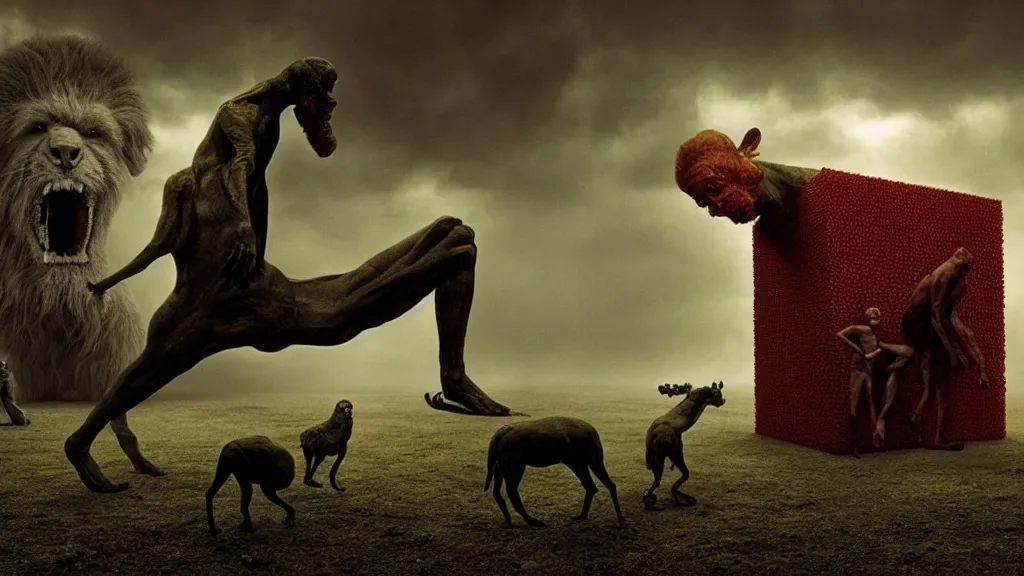 Prompt: hypercube four dimensional man, surrounded by animals, film still from the movie directed by denis villeneuve and david cronenberg with art direction by salvador dali and zdzisław beksinski, wide lens