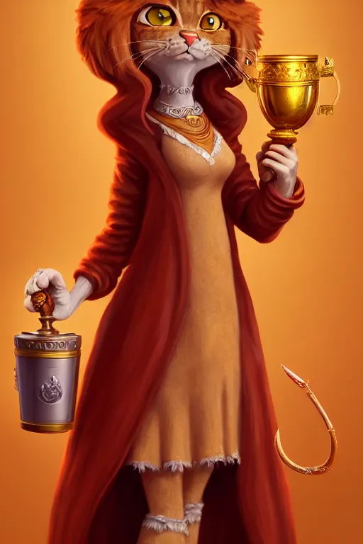 Prompt: fullbody!! personification of garfield the cat garfield goddess holding a blood chalice, stunning, garfield cat face, hyperrealistic, trending on artstation, smooth and sharp, intricate, highly detailed, elegant, professional character concept art by tatyana kupriyanova