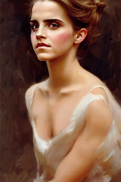 Image similar to detailed portrait of a beautiful emma watson 1 9 9 0 s hairstyle muscular, painting by gaston bussiere, craig mullins, j. c. leyendecker