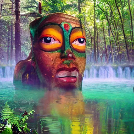 Image similar to gods in forest, three eyed, wide shot, feet in water, vivid colors, foreheads with eyes, ground very detailed, wet eyes reflecting into eyes reflecting into infinity, natural lighting