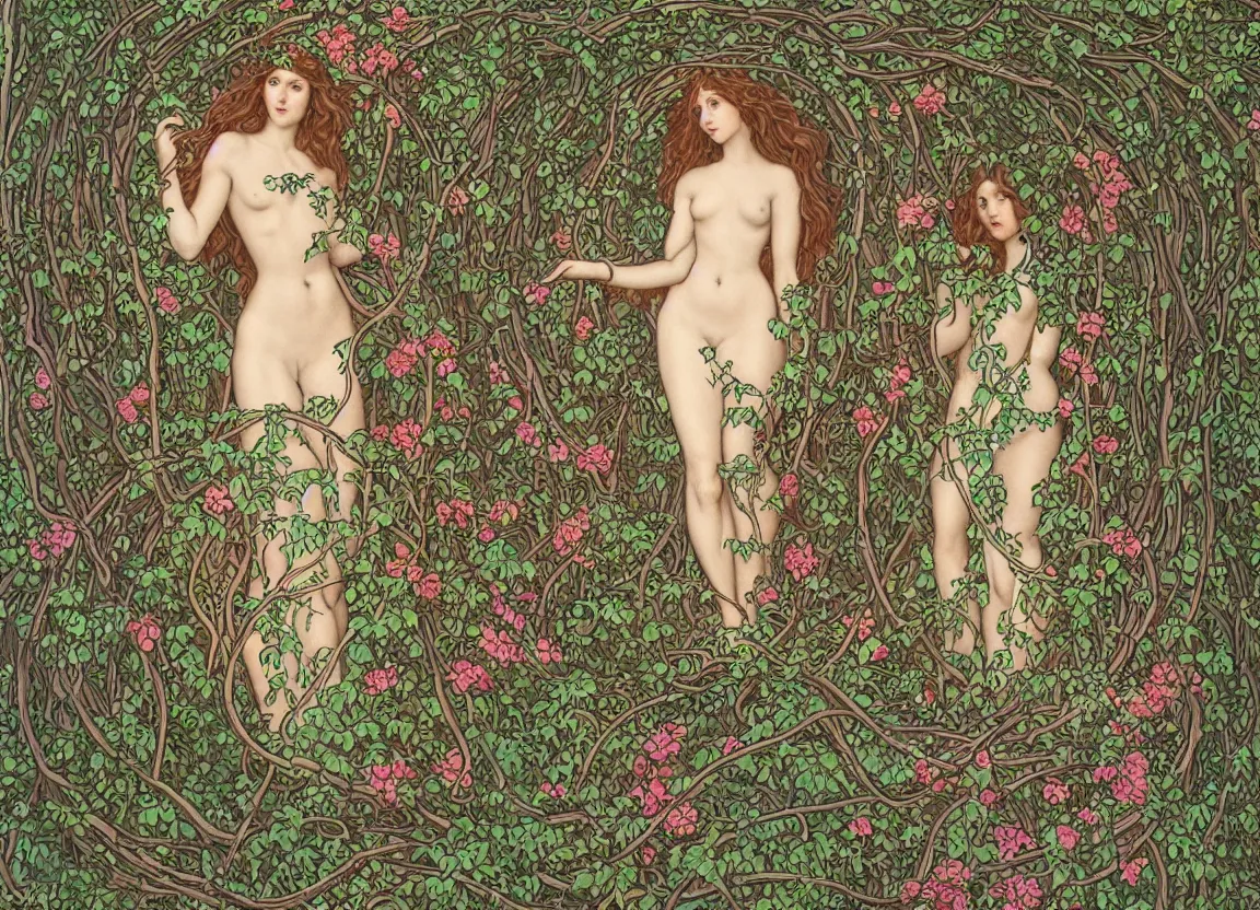 Image similar to Stunning Art Nouveau goddess standing in an arched doorway covered in vines and flowers by Elisabeth Sonrel, intricate, beautiful, artstation 8k, high resolution