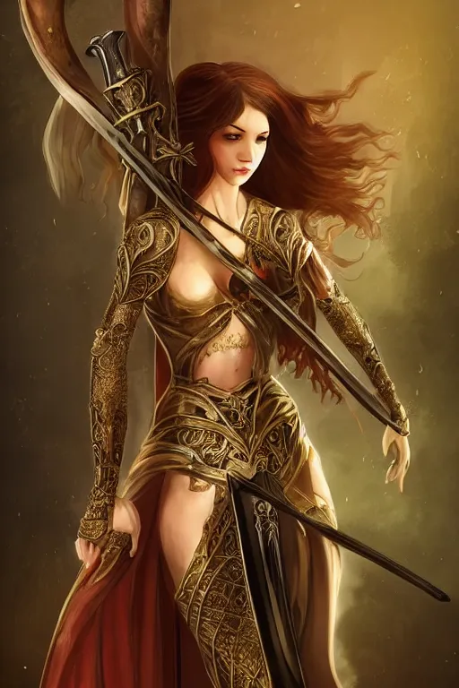 Image similar to digital art of a pretty girl with a long sword in her hands. detailed body, medieval theme, pretty lighting, detailed face, sharp focus, intricate details