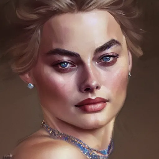 Image similar to A full portrait of Margot Robbie, intricate, elegant, highly detailed, digital painting, artstation, concept art, smooth, sharp focus, illustration, art by Krenz Cushart and bouguerea and alphonse mucha