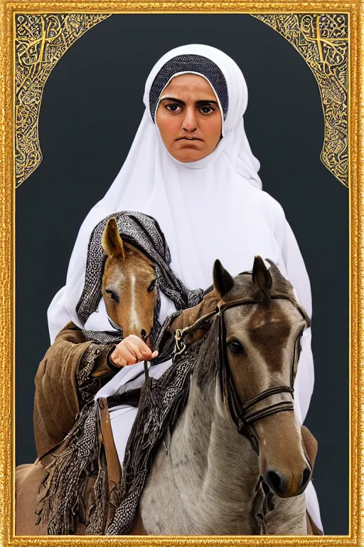Image similar to hyperrealistic portrait from middle eastern burqa woman riding horse, super highly detail, accurate boroque, without duplication content, white border frame, medium close up shot, justify content center, symmetrical, incrinate, cinematic, dust.