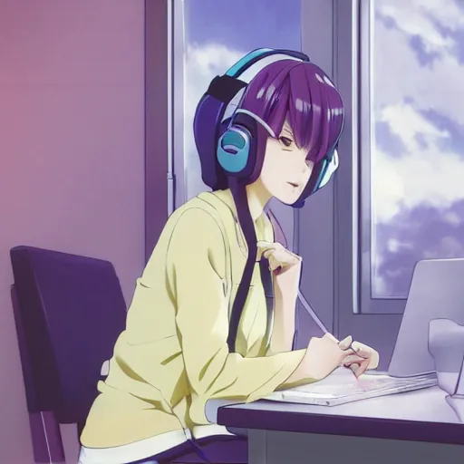 Image similar to high definition anime portrait of an anime girl with pastel colored hair sitting at a desk studying with headphones on, background is a window looking out into a busy Tokyo district, lo-fi art, masterpiece by Naoshi Arakawa, trending on artstation, sharp high quality anime, digital art, photoshop, proportionate, ambient lighting, clear facial festures