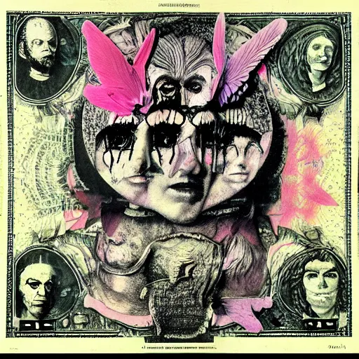 Image similar to post - punk new age album cover, asymmetrical design, dollar bank notes, capitalism, magic, apocalypse, psychedelic, black white pink, magic, giger h. r., giuseppe arcimboldo