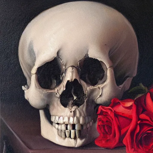 Prompt: a detailed baroque still life oil painting of a human skull with white roses coming out of the eye sockets and dark black lace curtains behind