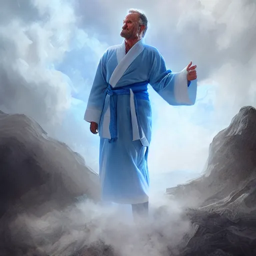 Image similar to robin williams is god, white beard, blue eyes, white robe, clouds, heaven, intricate, detailed, volumetric lighting, scenery, digital painting, highly detailed, artstation, sharp focus, illustration, concept art, ruan jia, steve mccurry