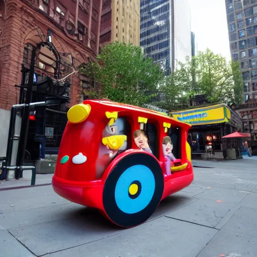 Image similar to a kiddie ride that is coin operated on the sidewalk in nyc