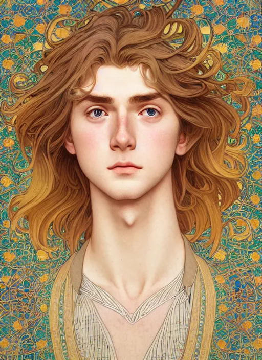 Prompt: pretty young man with shoulder length shiny shimmering golden blond hair, half body shot, emotional, decorative flower patterned background, path traced, highly detailed, high quality, digital painting, by studio ghibli and alphonse mucha, leesha hannigan, hidari, disney, jules bastien - lepage
