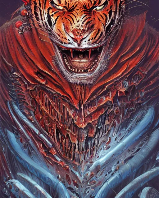 Image similar to bloody fleshmetal cyborg tiger, by antonio j. manzanedo, giger, alex grey, android jones, wayne barlowe, philippe druillet, raymond swanland, cyril rolando, josephine wall, harumi hironaka, trending on artstation