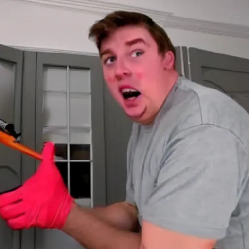 Image similar to mr beast enthusiastically filling a house with dead bodies