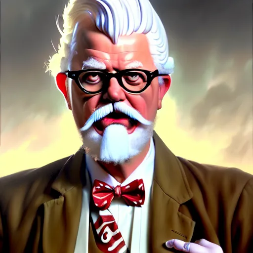 Image similar to epic portrait single colonel sanders explaining, redneck crowd for background, detailed, digital painting, artstation, concept art, donato giancola, joseph christian leyendecker, wlop, boris vallejo, breathtaking, high details, extremely detailed, beautiful, establishing shot, artistic, hyperrealistic, octane render