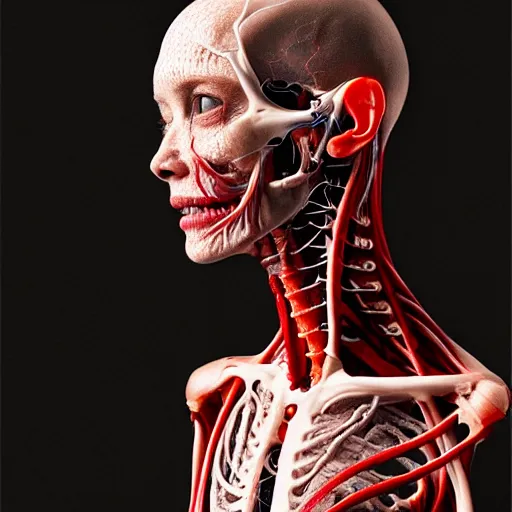 Image similar to female Human with translucent skin, visible muscles and veins and arteries and bones and spine and nerves, beautiful detailed intricate insanely detailed octane render, 8K artistic photography, photorealistic, chiaroscuro, by David Cronenberg, Raphael, Caravaggio