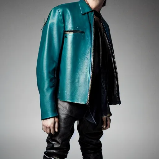 Prompt: an award - winning editorial photo of a male model wearing a teal distressed baggy medieval cropped leather menswear jacket by alexander mcqueen, 4 k, studio lighting