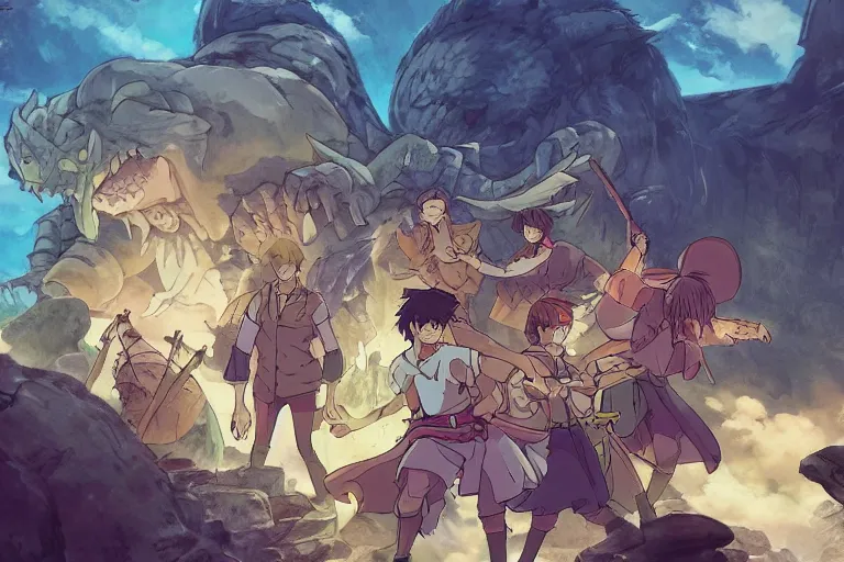 Image similar to cell shaded key visual of a group of adventurers being defeated by monsters in a dungeon, in the style of studio ghibli, moebius, makoto shinkai,