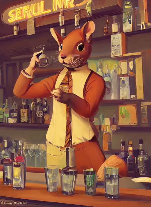 Image similar to squirrel anthro as a dapper bartender with a big, fluffy tail, retro futurism, art deco, detailed painterly digital art by WLOP and Cory Loftis, 🐿🍸🍋, furaffinity, trending on artstation