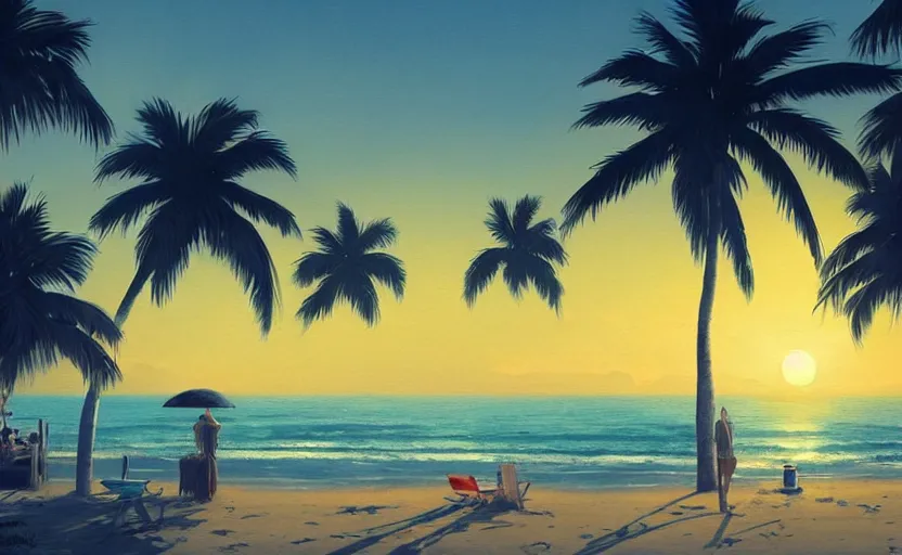 Prompt: painting of a beach chair at sunset under palm trees, natural light, concept art, by greg rutkowski, cozy atmospheric and cinematic lighting