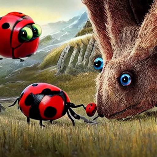 Image similar to promotional movie still, ladybugs, ladybug quadruped with big piercing eyes, ladybug hobbits, ladybug robots, space western, the fellowship of the ring ( film )