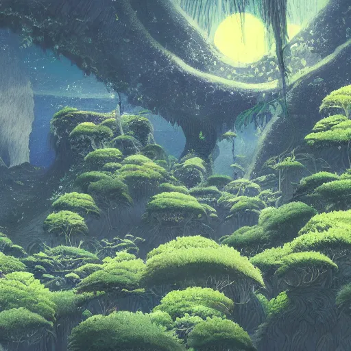 Image similar to illustration of a lush natural scene on an alien planet by hayao miyazaki. beautiful landscape. weird vegetation. cliffs and water.