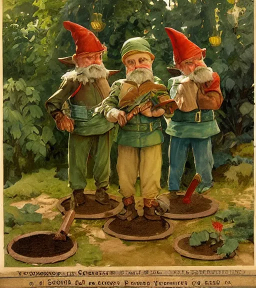 Prompt: Garden gnomes preparing for war, color, by Frank Leyendecker, by Jospeh Kernan, by Frederick Sands Brunner.