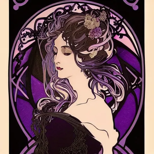 Prompt: a dark witch with black and purple designs and clouds, by alphonse mucha. elegant decoration. beautiful gradients. dark atmosphere. trending on artstation, behance.