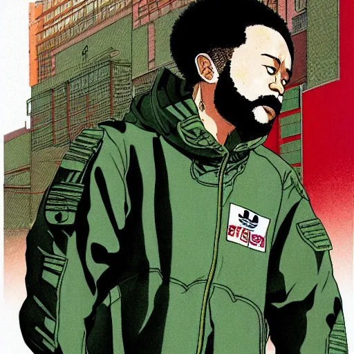 Image similar to illustration by katsuhiro otomo, black man with afro hair, raspy beard stubble, wearing an adidas army green jacket, in the streets of tokyo, akira style, by katsuhiro otomo